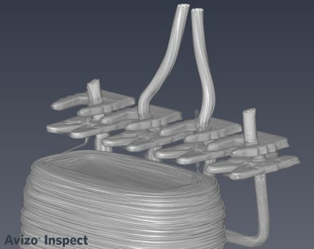 Scans of wire bobbin, showing precise path taken by 0.008” diameter wires inside; scan completed after final assembly of the unit, an inspection process not possible without CT scanning capability