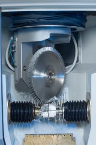 Machining area of an EMAG PO 900 BF for the machining of blisks using Precise Electro-Chemical Machining (PECM) technology.