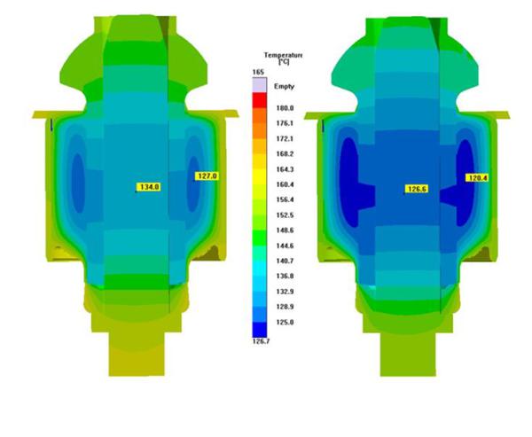 Figure 1 – Temperature distribution in a metallic component over-molded with rubber. Left: without consideration of the mold opening time; right: considering a mold opening time of 60 seconds, where significantly lower temperatures and long curing times are observed.