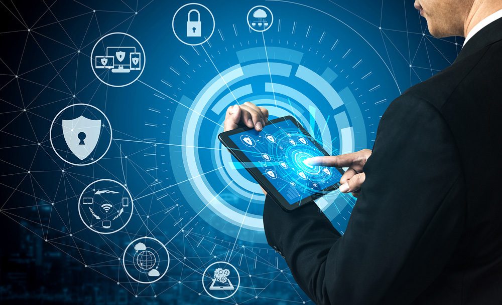 Cybersecurity and Digital Data Protection Concept. Icon graphic interface showing secure firewall technology for online data access defense against hacker, virus and insecure information for privacy.