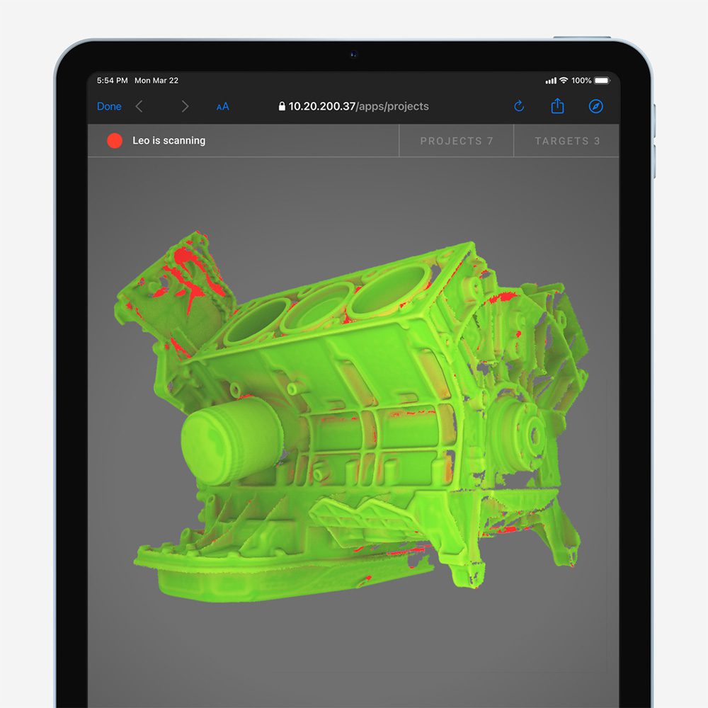 Artec Leo used to scan a car engine