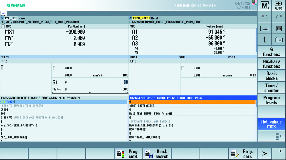 The robot arm is integrated into the CNC, so programming, operation and diagnostics are all accomplished for the machine tool and robot on the single control screen of the HMI.